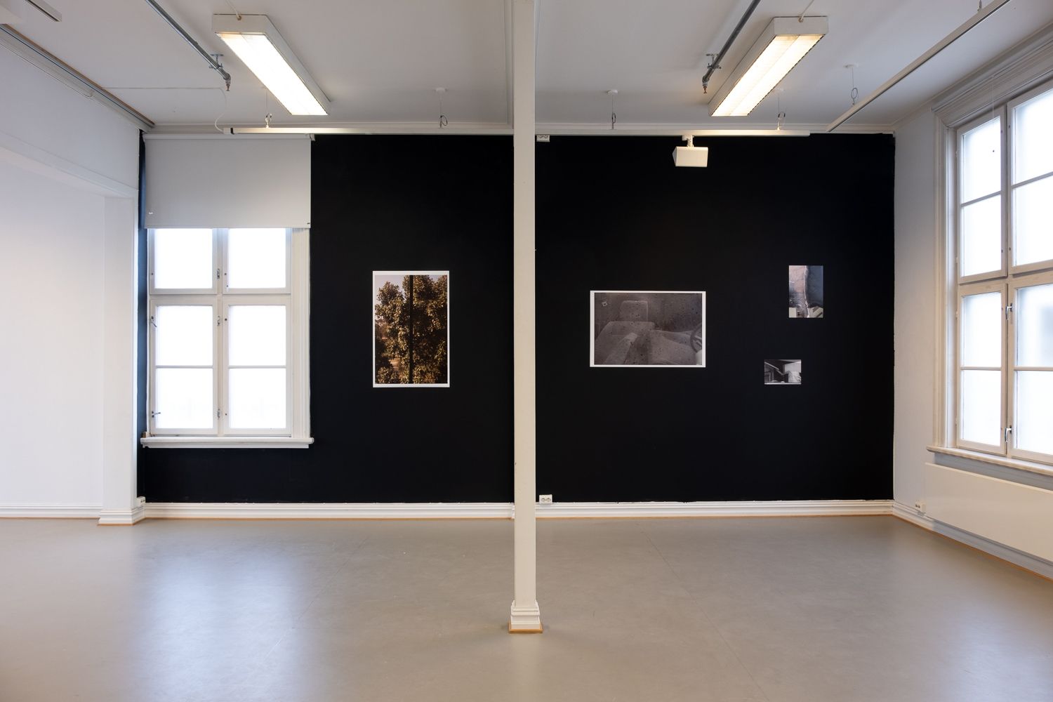 Four prints tacked on a wall at Levanger kunstforening, May–June 2019 exhibition by Dan Skjæveland.