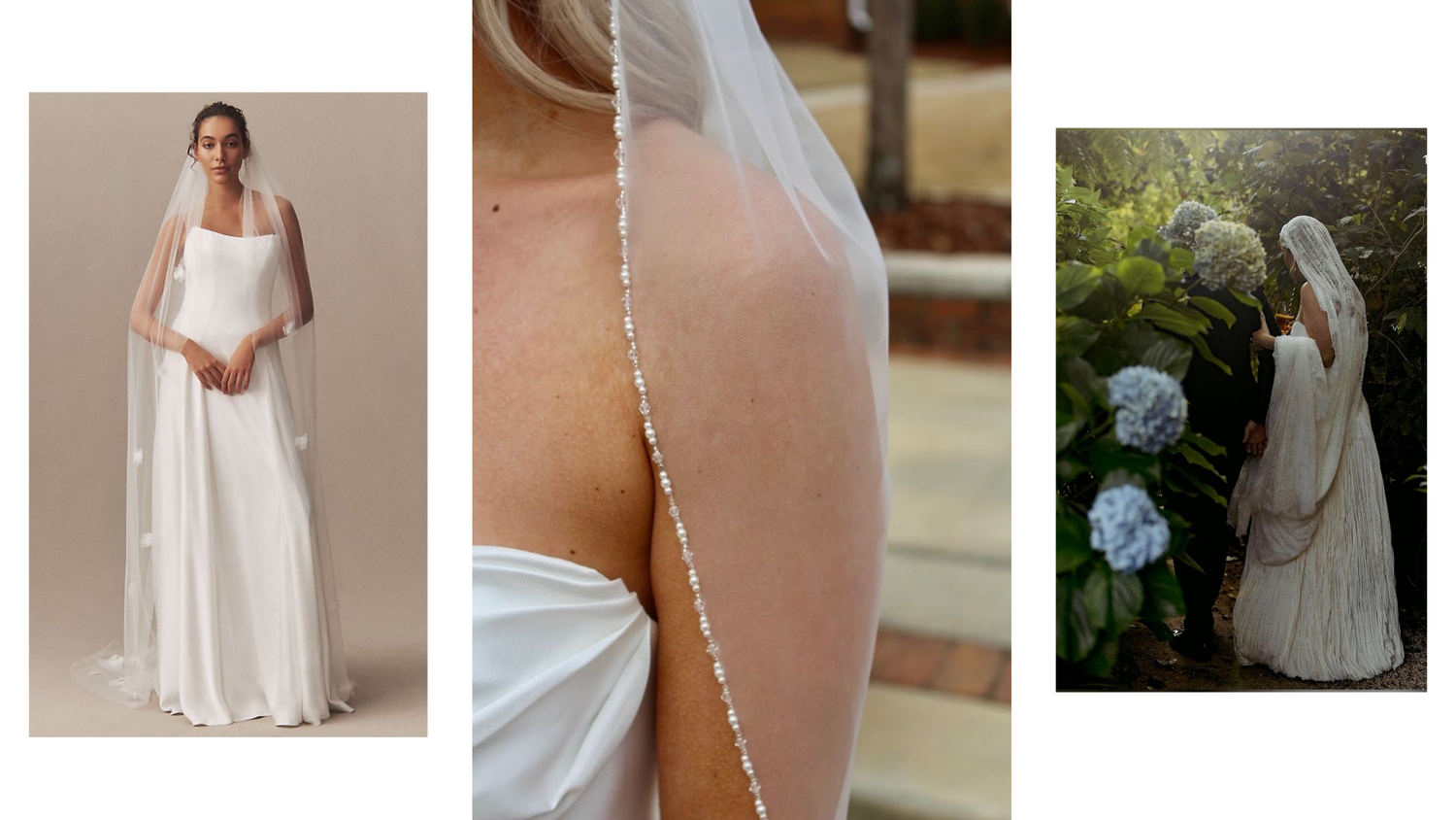 Collection of elegant bridal gowns and veils photographed in natural settings.