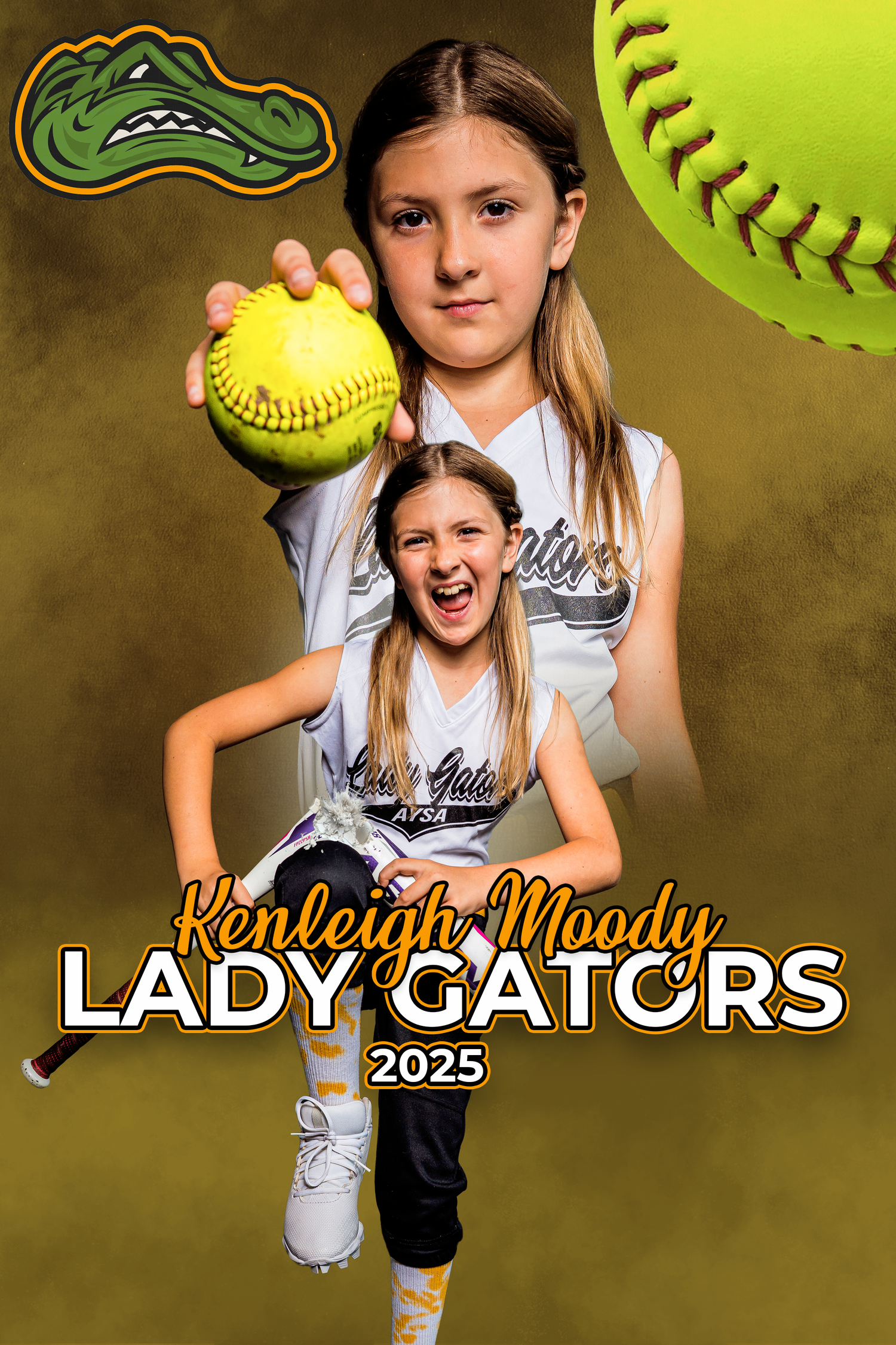 Lady Gators softball promotional image with alligator logo and yellow softball against brown backdrop.