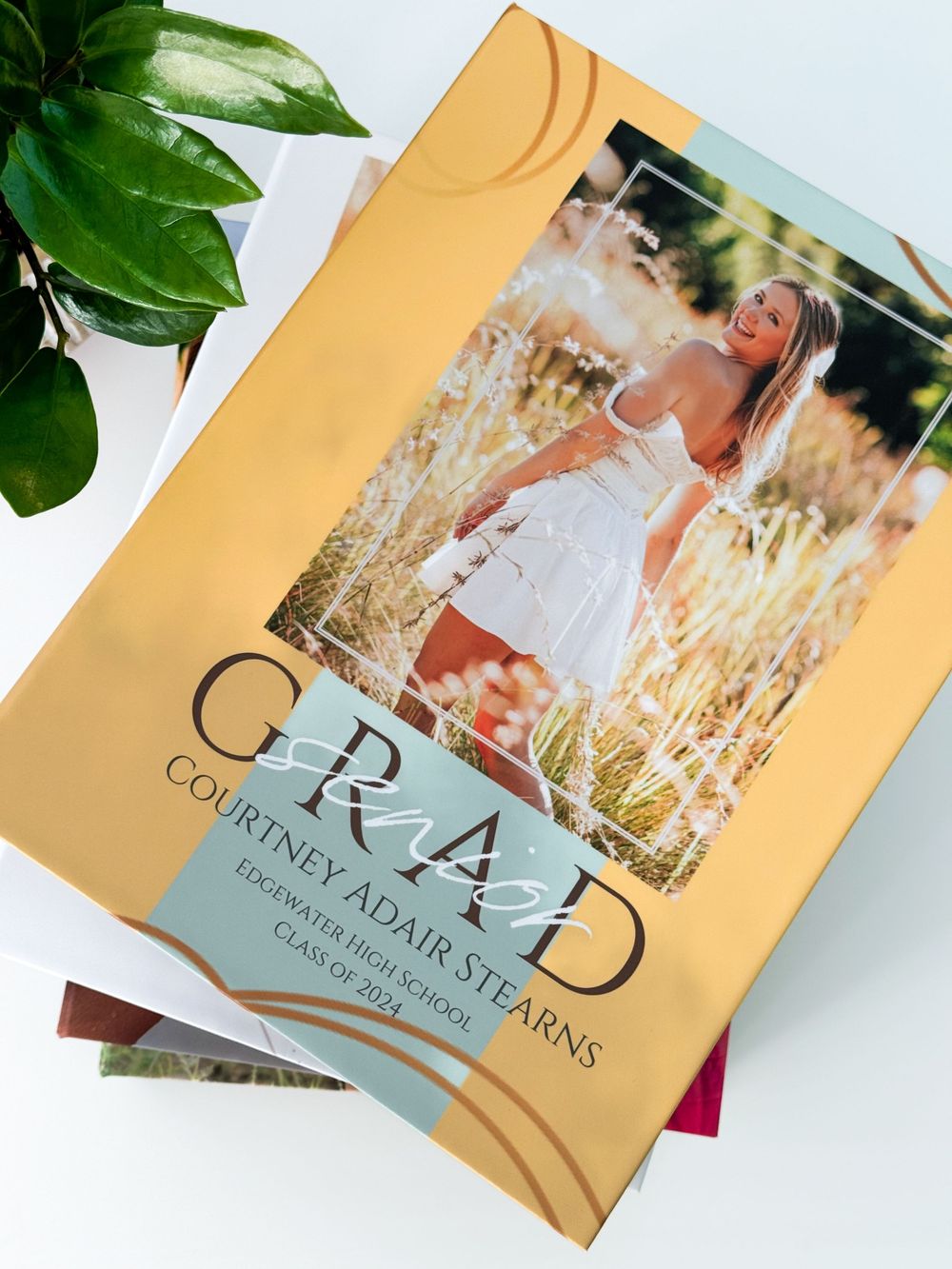 A white photo album or book with gold text "GRAD" displayed next to a green houseplant on a neutral background.