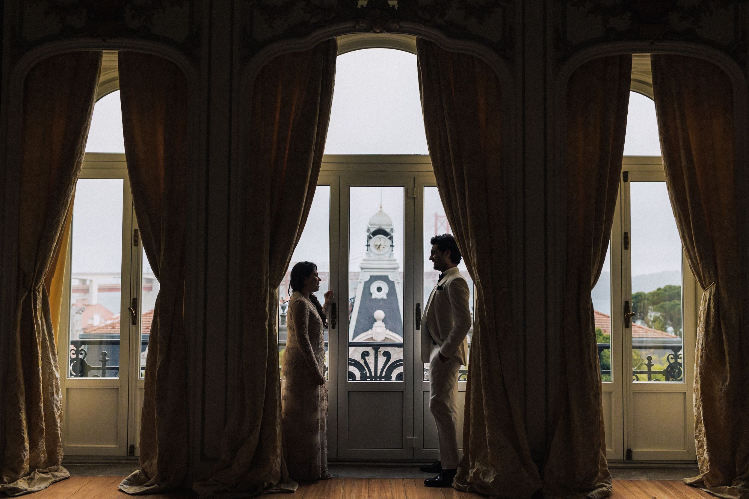 Editorial-style Indian engagement session in Portugal with royal interiors and elegant styling.