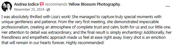 A social media review screenshot showing a 5-star testimonial praising a photography business for their professional service.