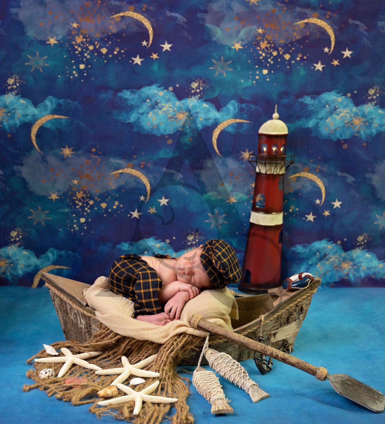 Newborn Baby Posing in boat with Sea Background