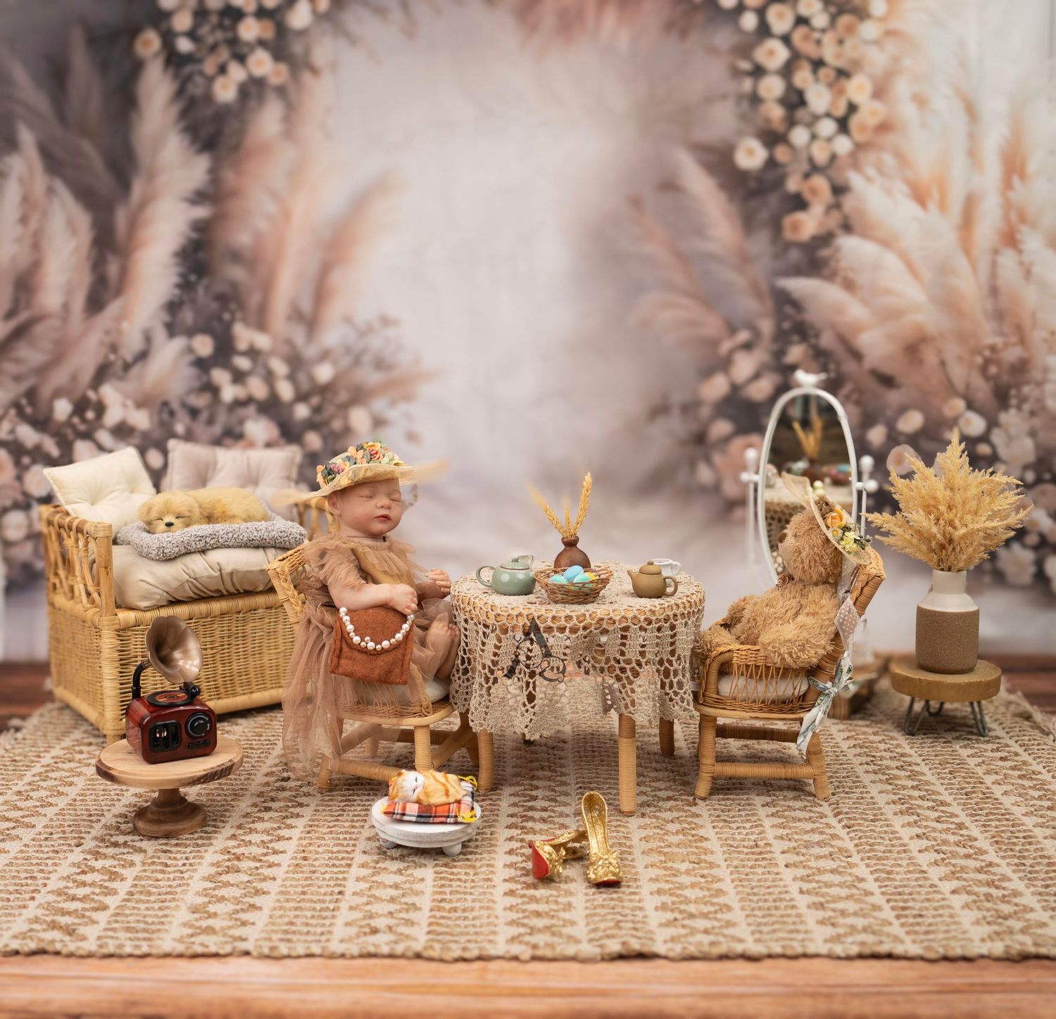 Cozy boho-inspired miniature scene with wicker furniture and elegant table setting.