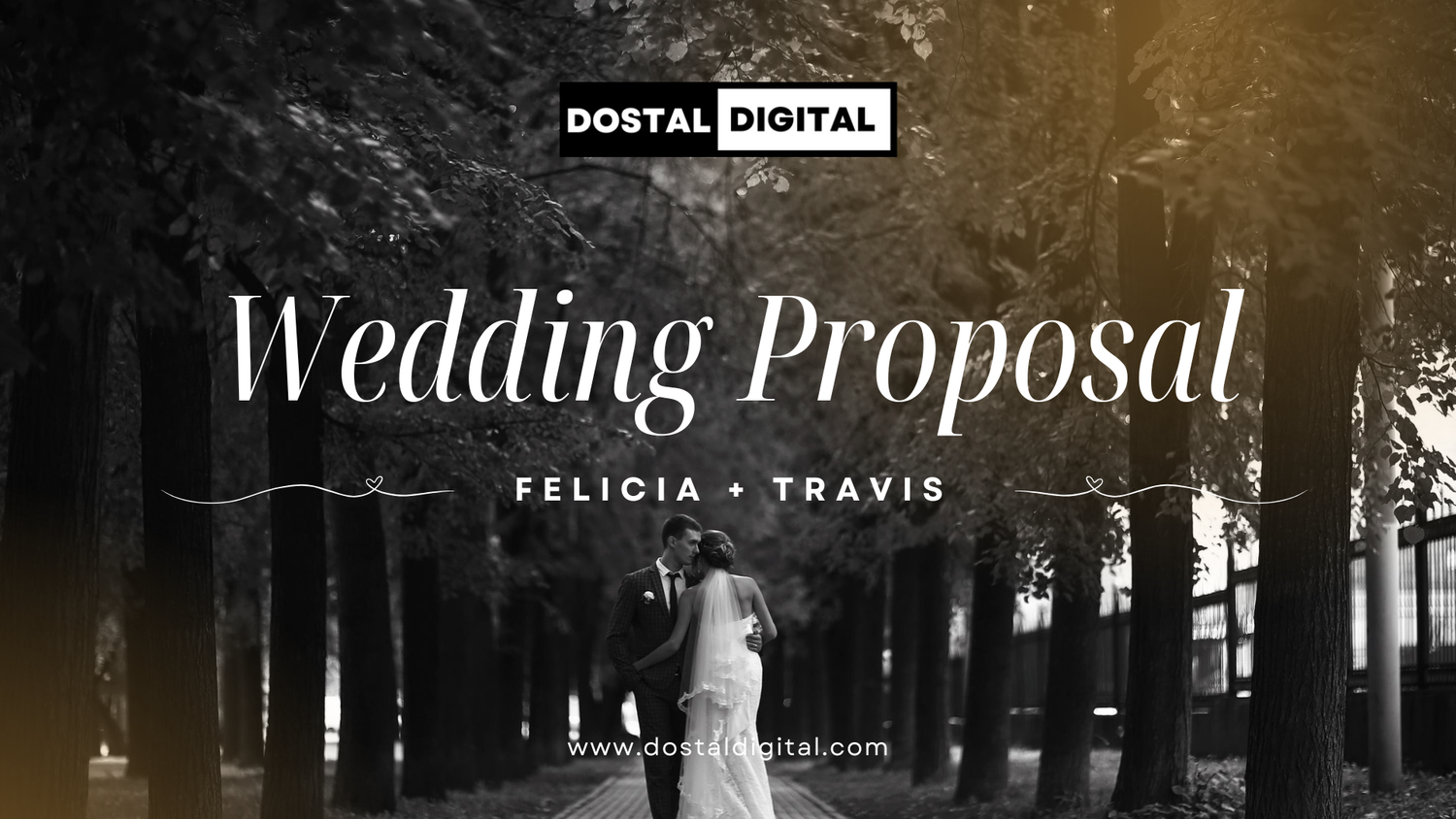 A moody black and white wedding proposal title screen with a silhouetted couple in a forest setting.