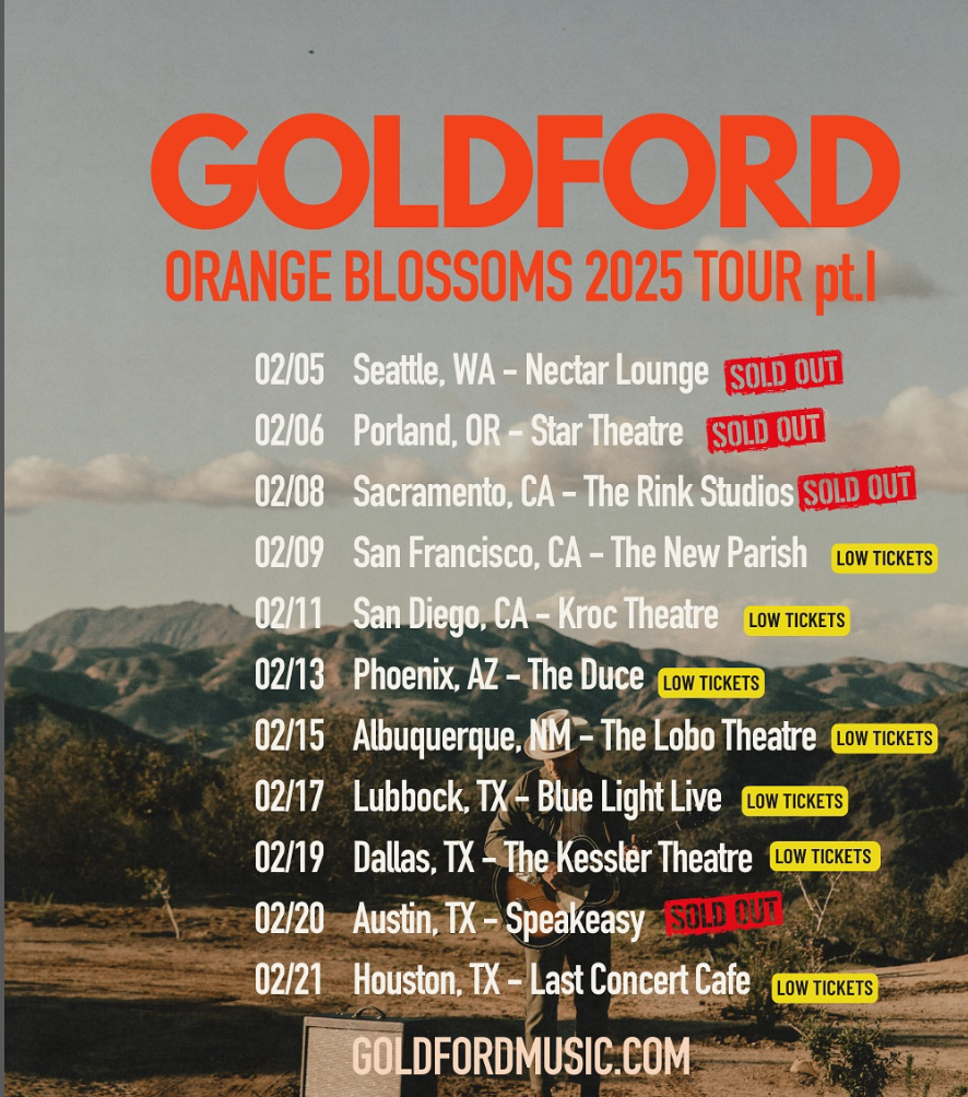Goldford Orange Blossoms 2023 Tour poster featuring desert landscape and list of upcoming concert dates at various venues.