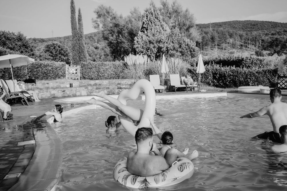 Black and white destination wedding pool party