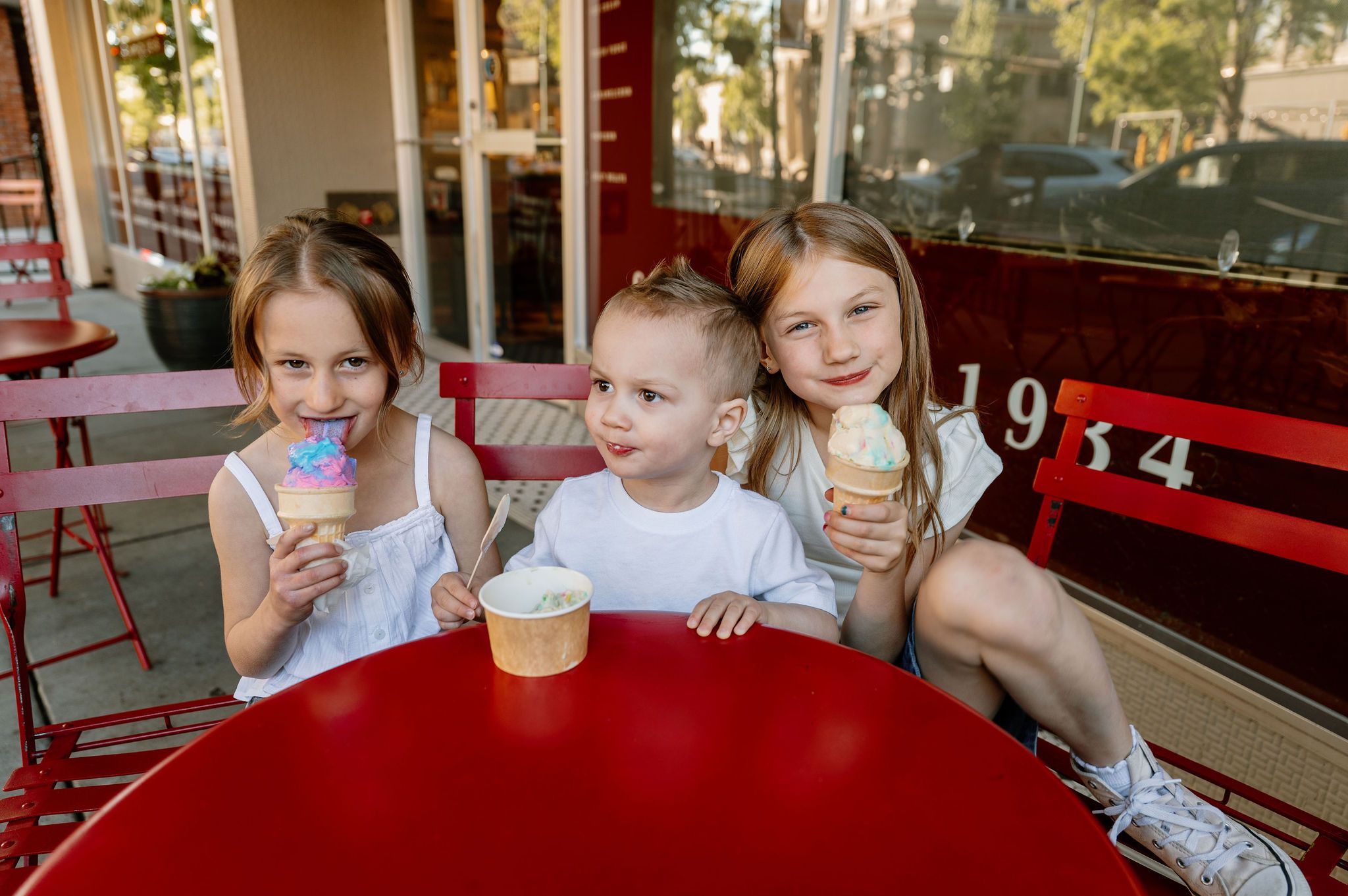Downtown family pictures at a local ice cream shop