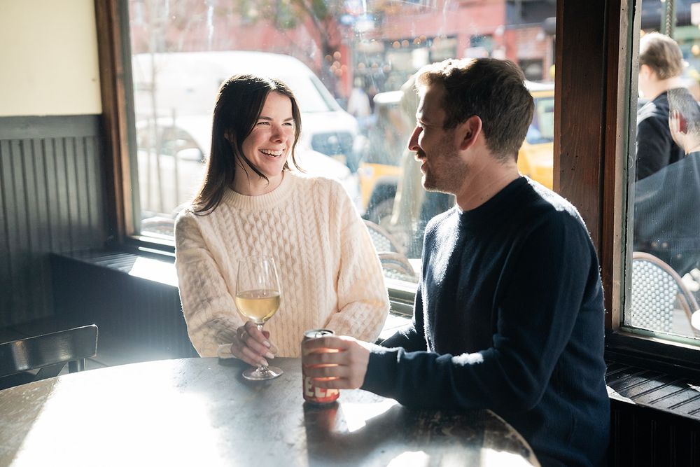 Intentional Brooklyn, New York engagement session capturing soulful, effortless love with warm spring light, fun and quiet connection.