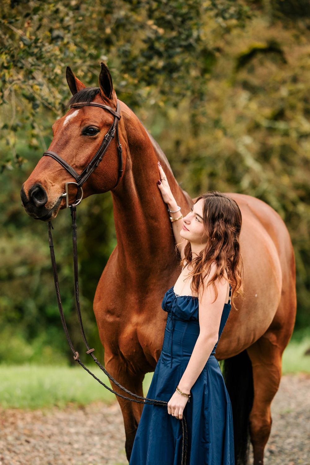 Beautiful chestnut horse and person in navy blue dress standing together in lush outdoor setting.
