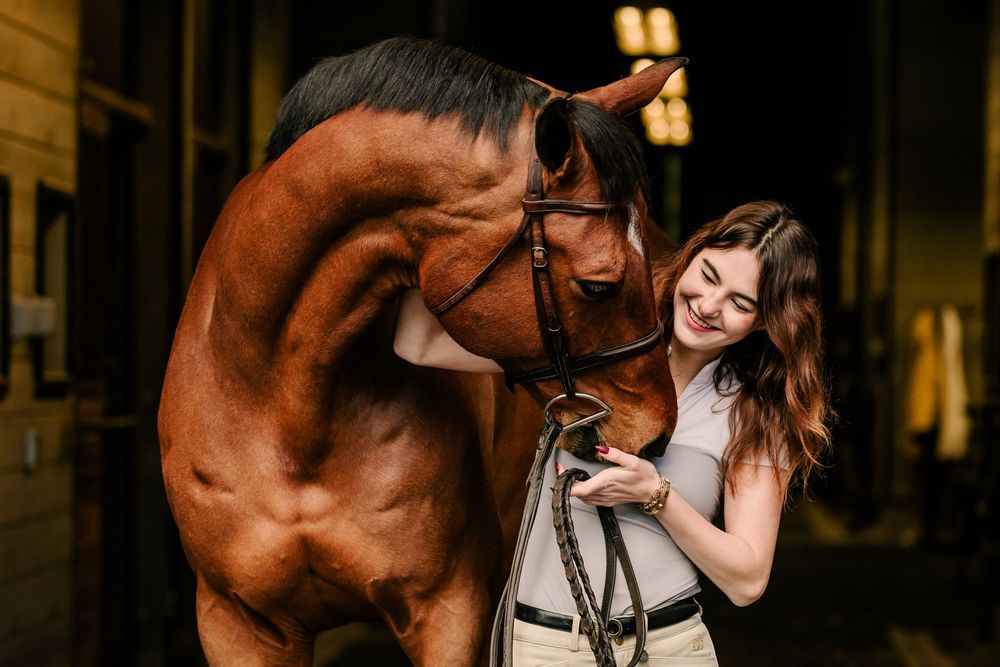A person shares a joyful moment with a chestnut bay horse in a stable at night.