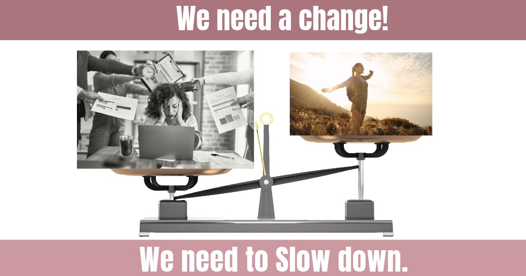 A balance scale comparing an office desk to a person standing peacefully on a hilltop at sunset.