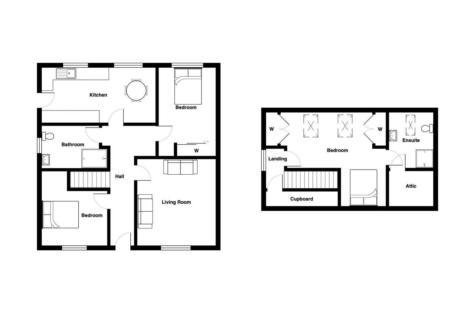 Two-story home floor plan showing main level layout with living spaces and upper level with bedrooms and bathroom.