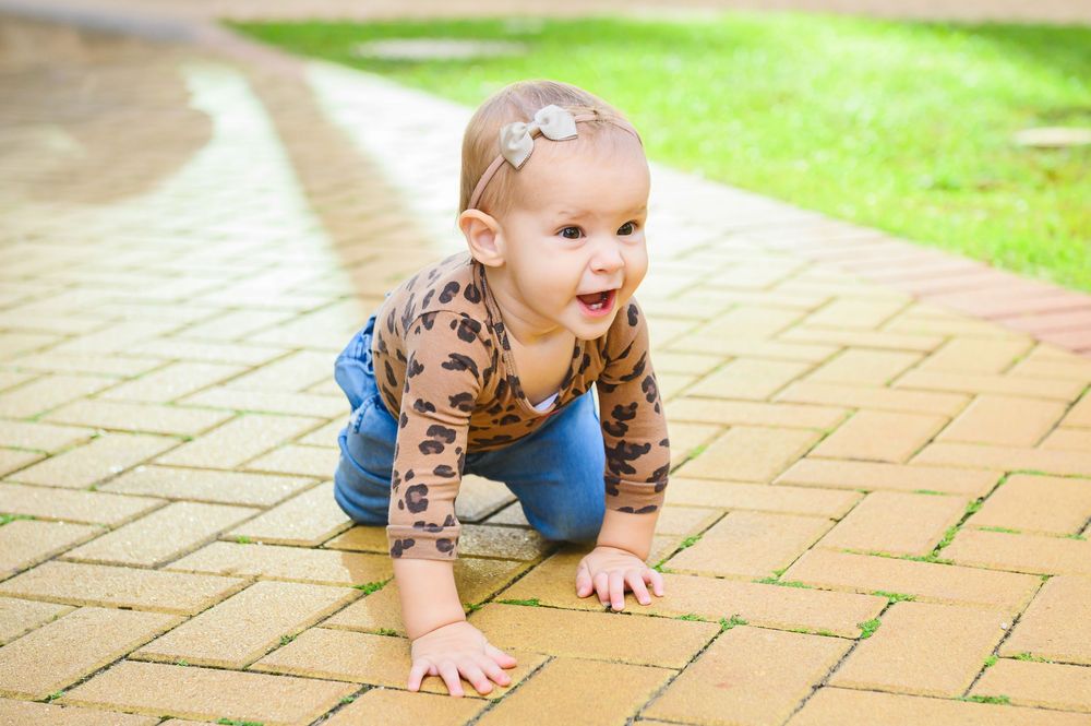 A toddler wearing a long-sleeved patterned shirt crawls on brick pavers in a garden setting.