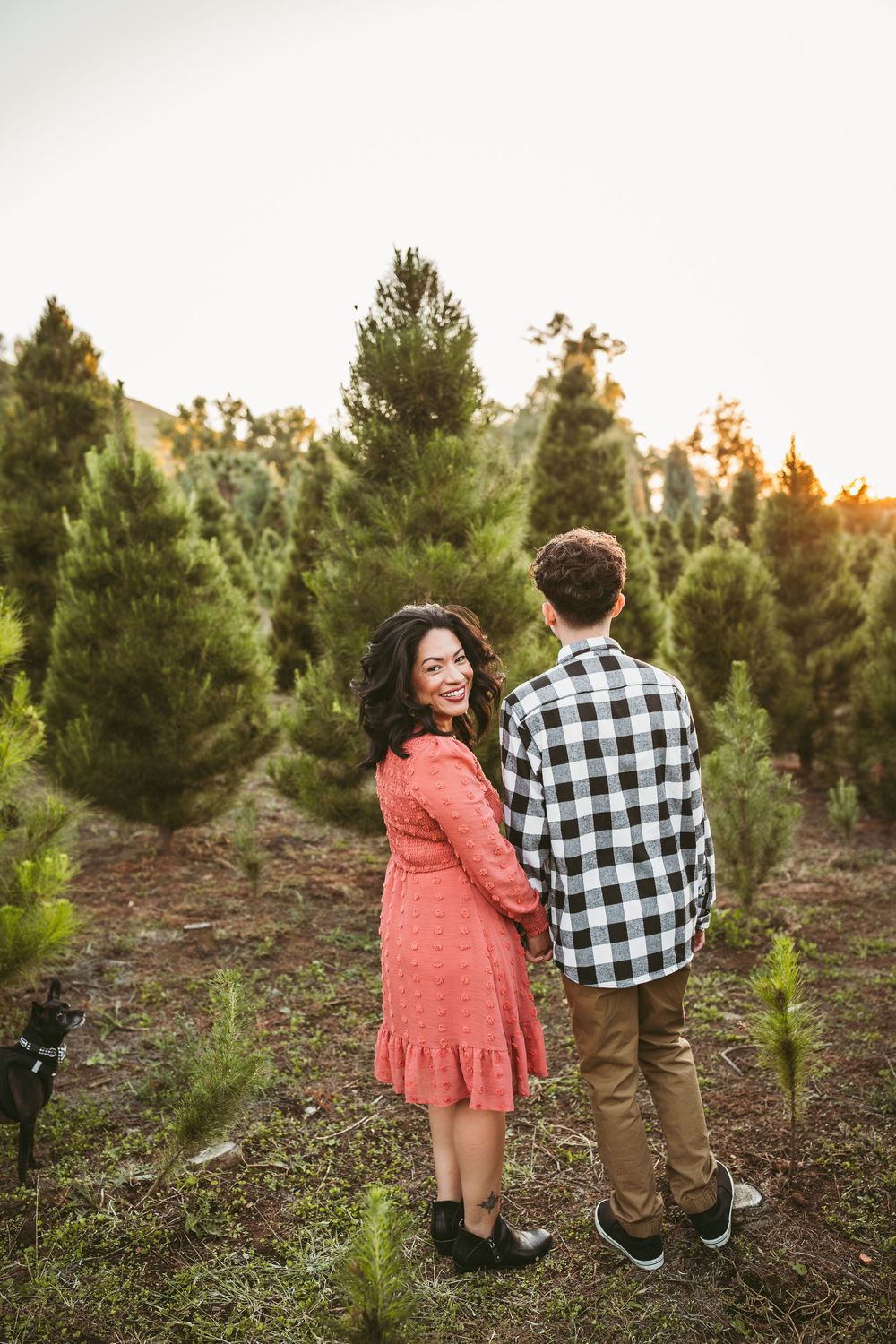 A mom and son shares a happy moment among pine trees during golden hour at a Christmas tree farm.