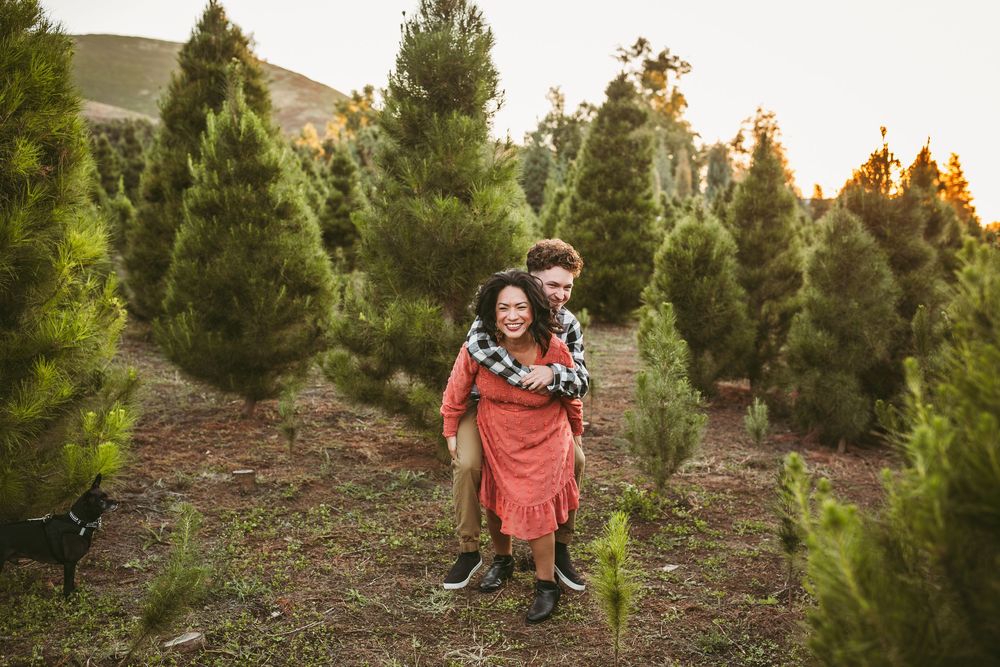 A couple shares a tender embrace among evergreen trees at a Christmas tree farm during golden hour sunset.