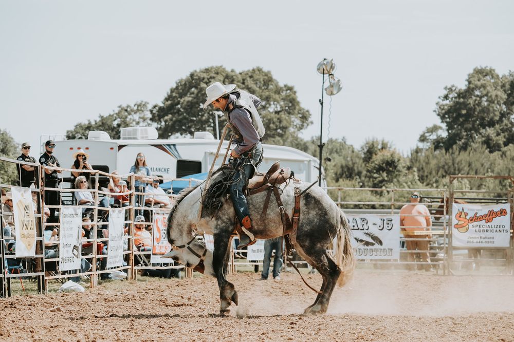 Photographer captures a series of shots showing a cowboy mounting and riding a bucking rodeo bull in an outdoor arena.