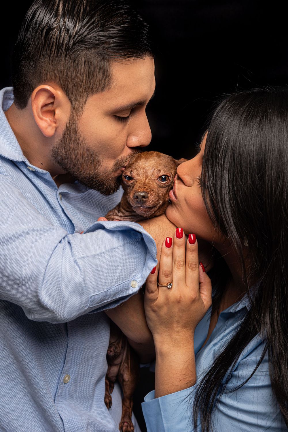 A small brown puppy being kissed and held tenderly against a dark background.