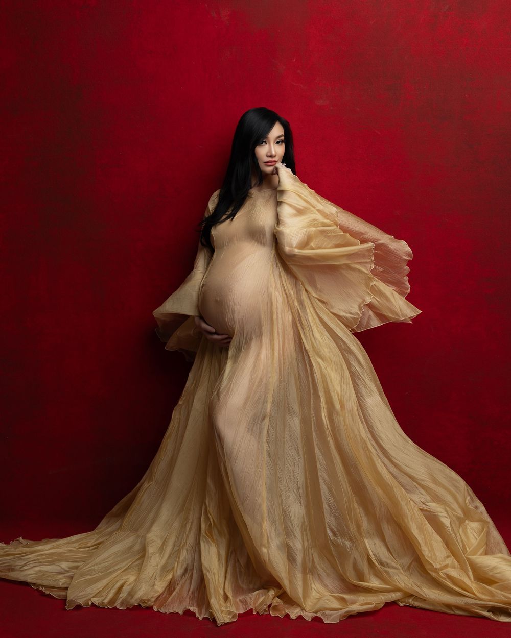 A woman in a flowing champagne-colored sheer maternity gown poses against a deep red backdrop.