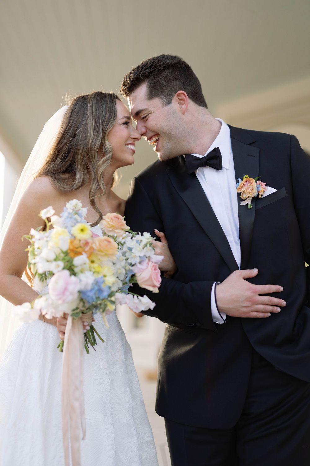 A romantic wedding series showing tender moments between a bride in white and groom in black tuxedo.