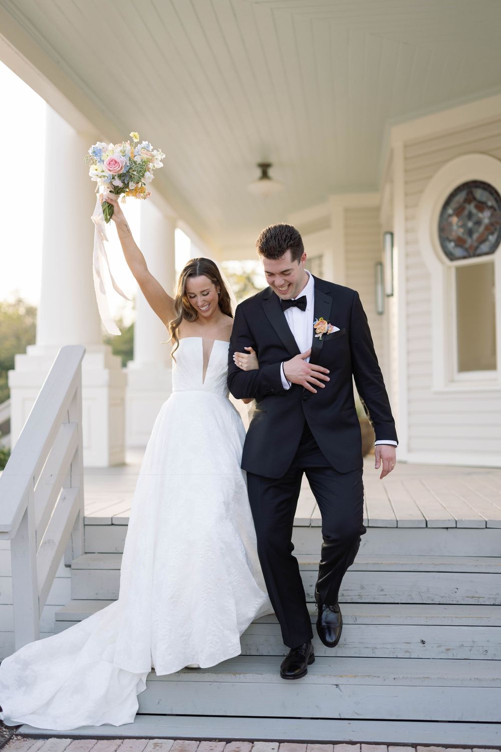 Sequence of romantic wedding photos showing couple playfully sitting on white porch steps.