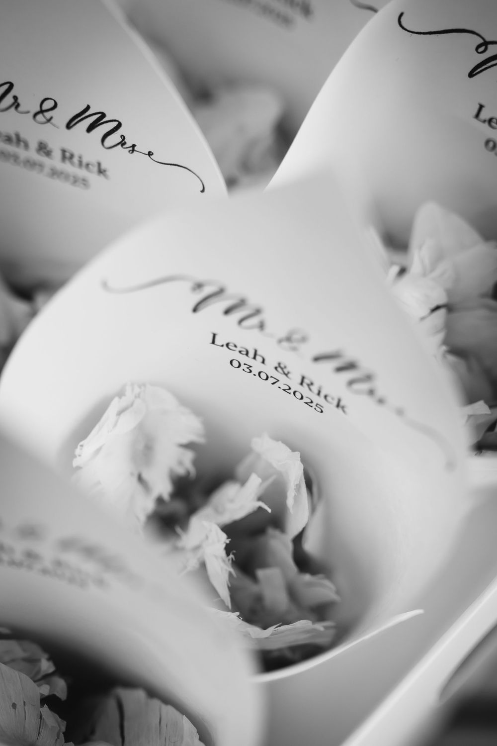 Close-up black and white images of torn paper documents with partial text visible.
