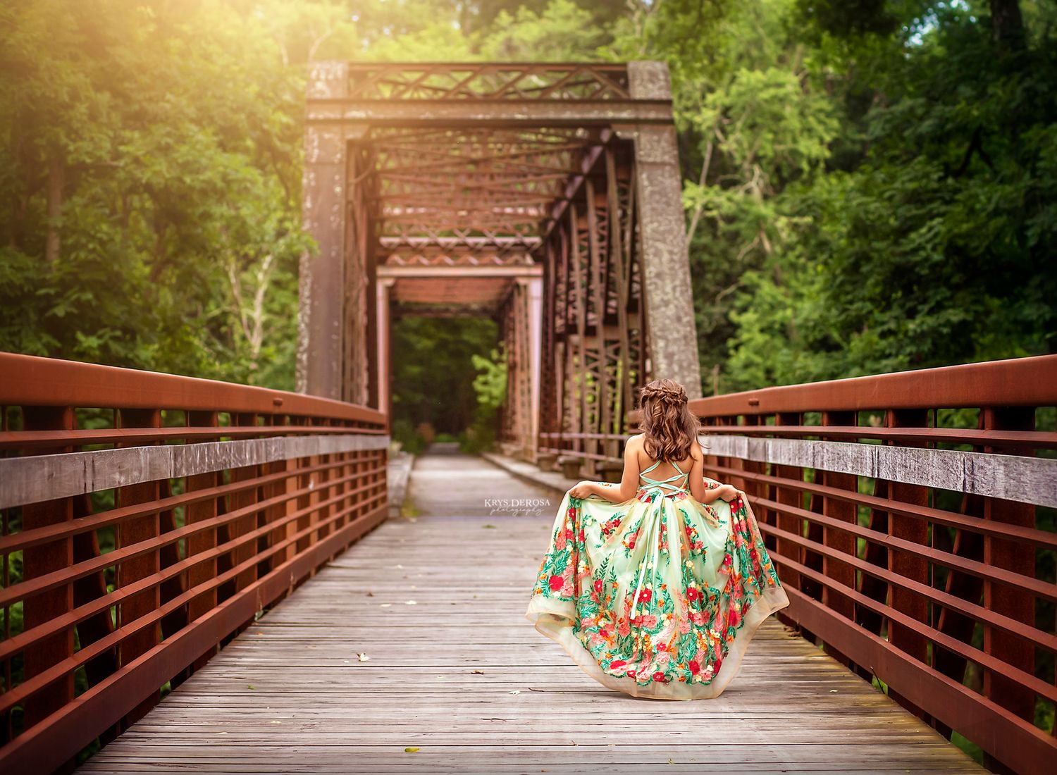Seven connected images showing a rustic wooden bridge path through a lush green forest with sunlight filtering through the trees.