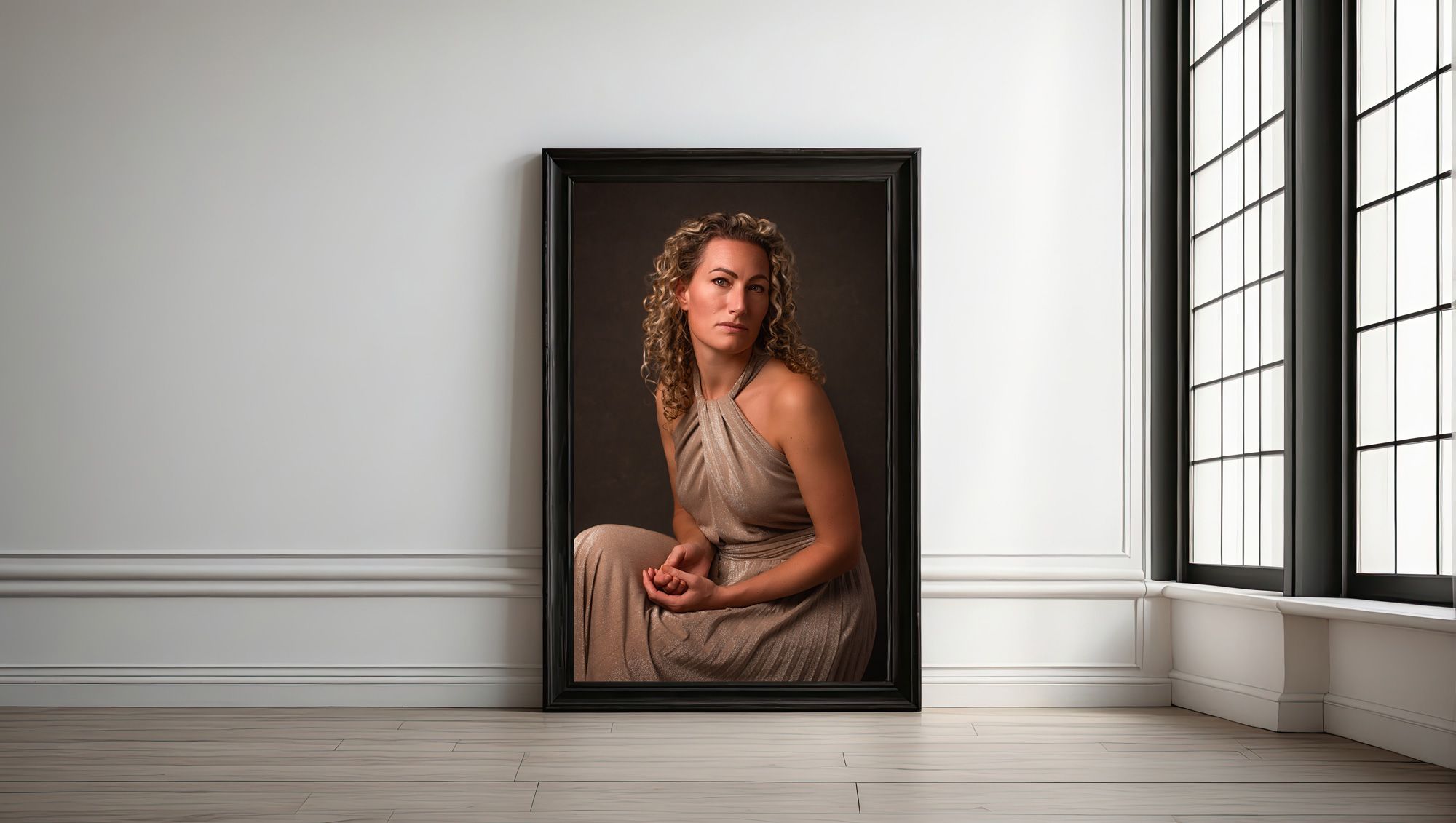 Rembrandt stijl foto. Fine art foto van jezelf. Een vrouw ingelijst in een klassieke lijst. Kunst aan je muur.