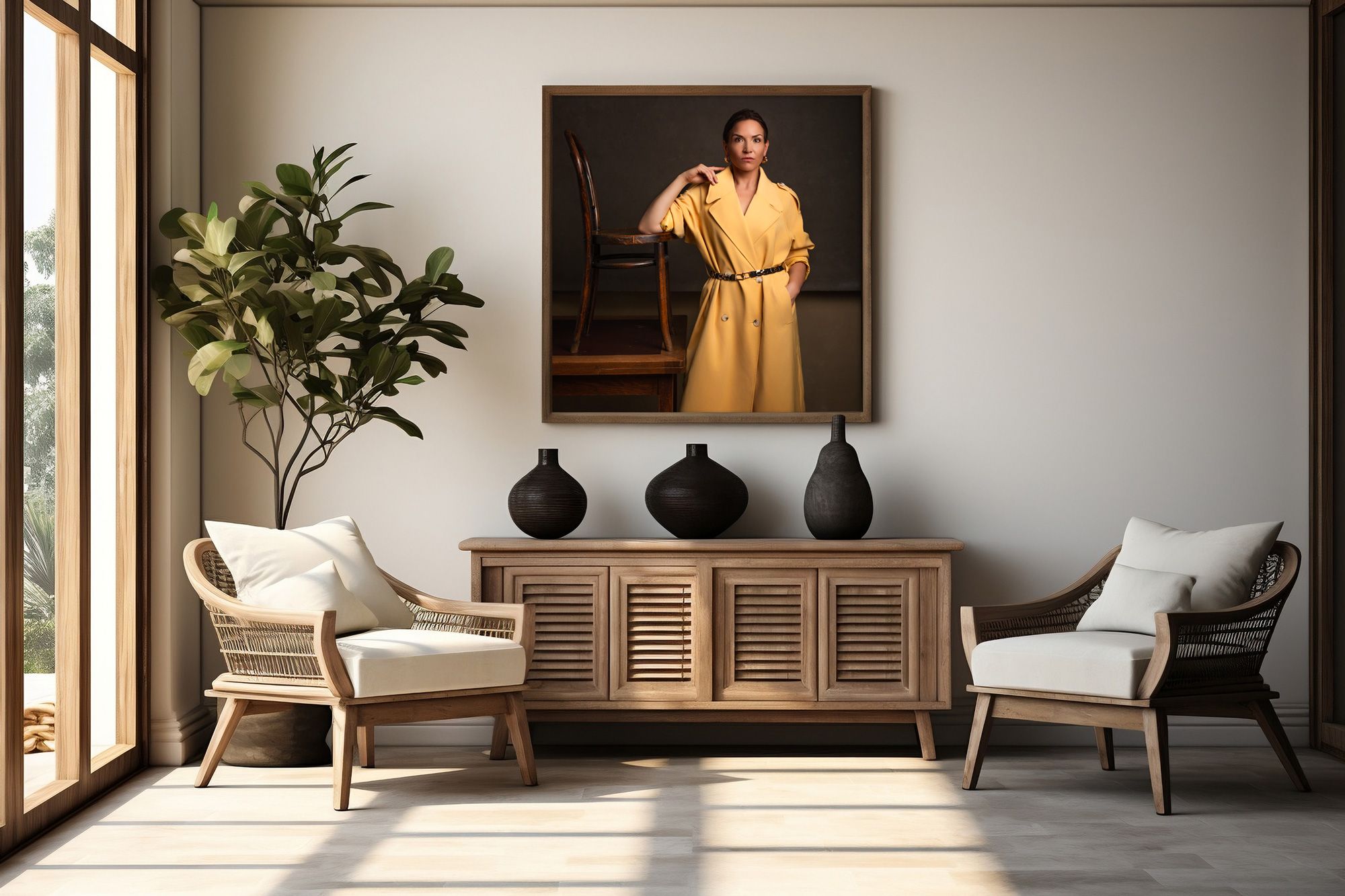 Powervrouw van 50 jaar. Fotoshoot van jezelf. Kunstwerk aan je muur. Vrouw in gele trenchcoat. Fashionshoot.