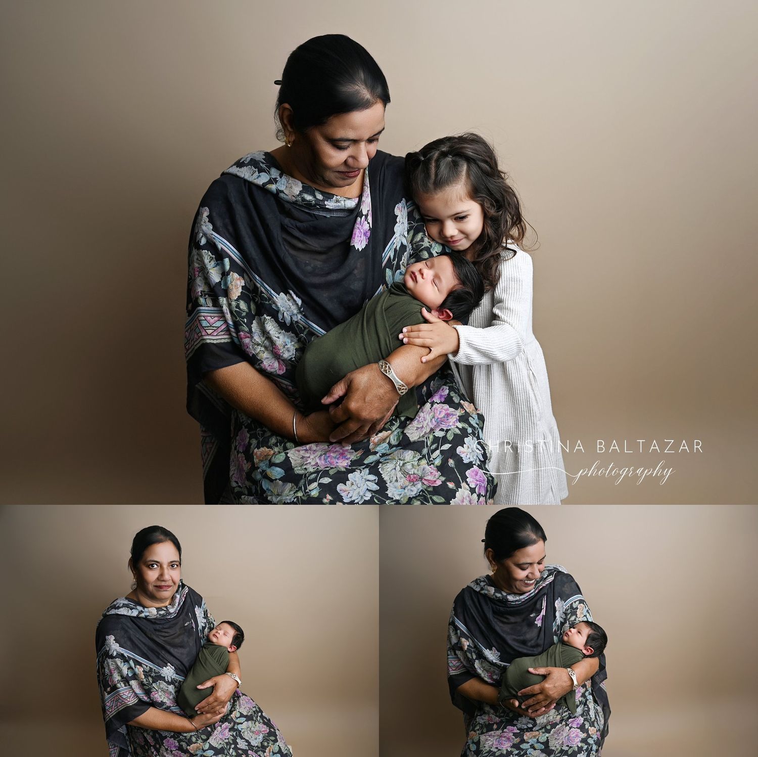 A grandmother holds her youngest grandchild and is cuddled by her granddaughter in a newborn portrait session in Hanford, CA.