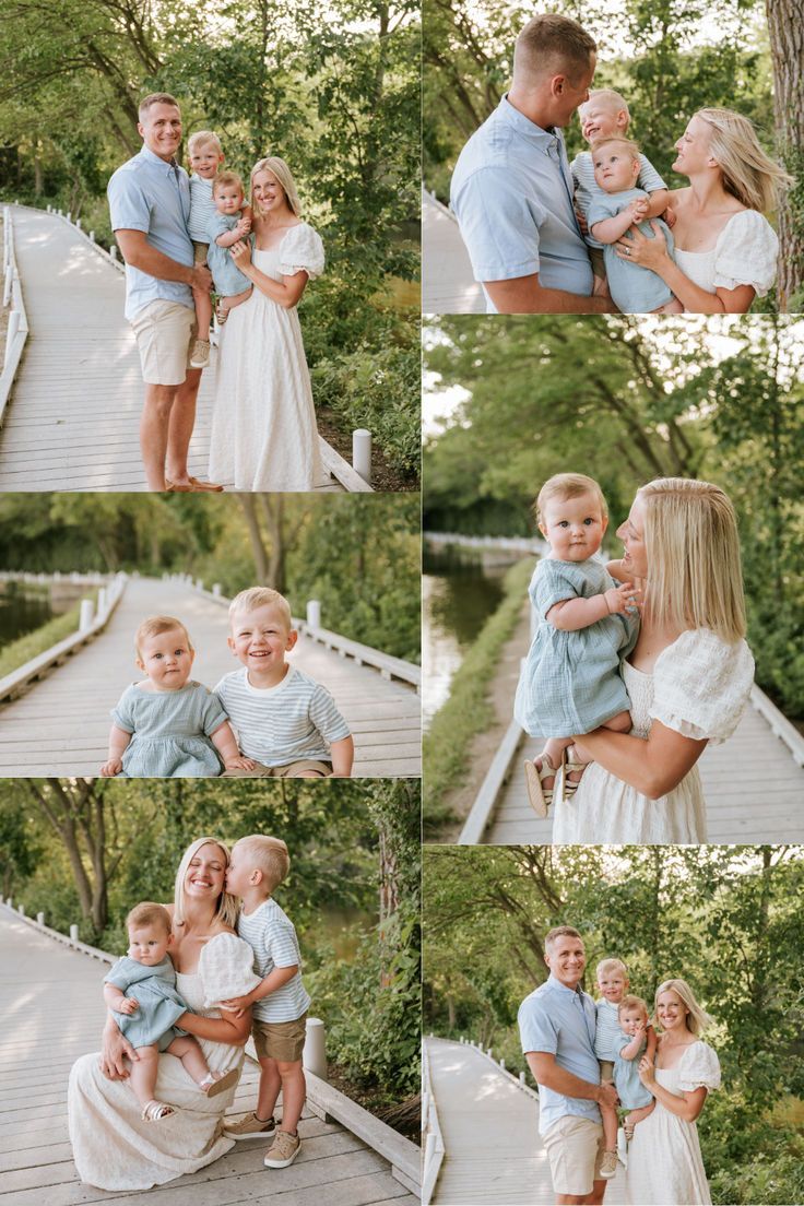 Family of three poses together on a wooden boardwalk surrounded by lush green trees during summer portrait session.