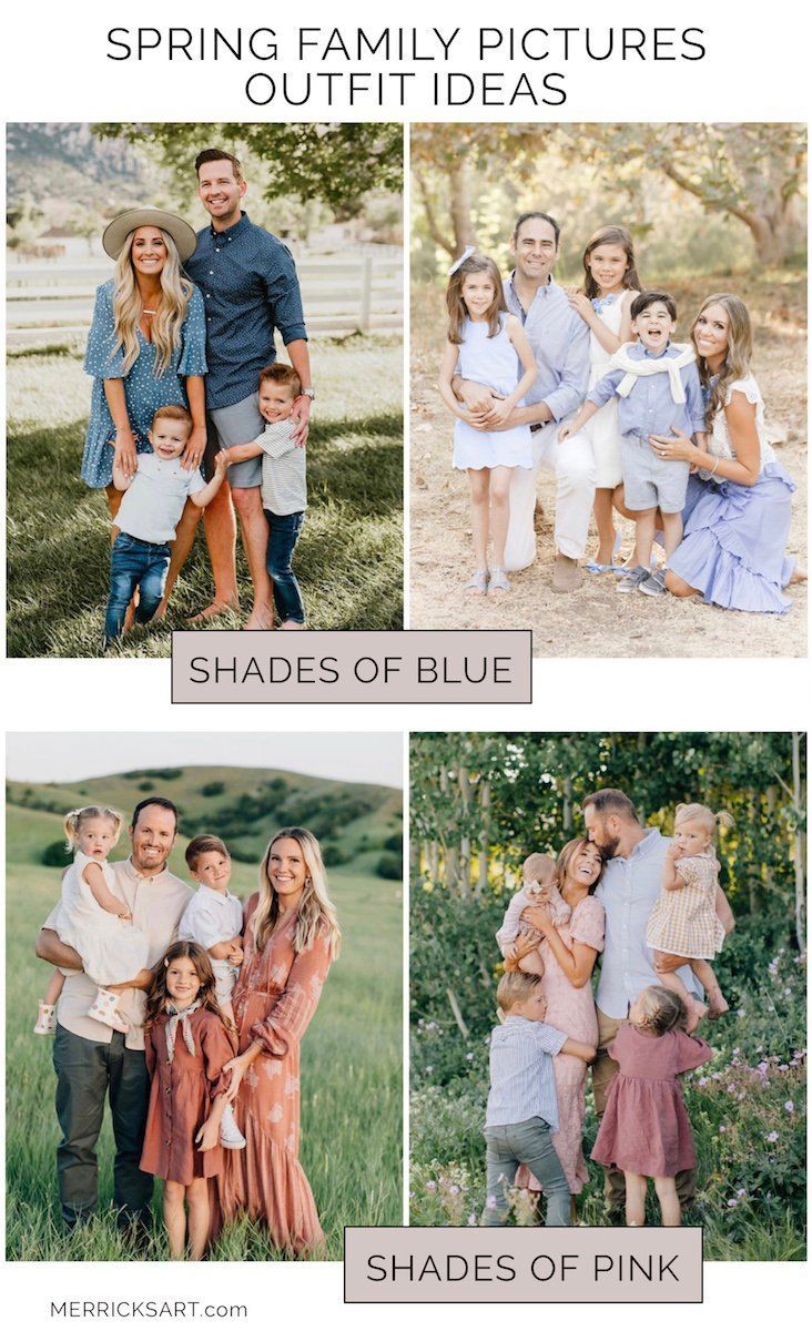 Collection of four coordinated family photo outfit ideas showcasing shades of blue and pink color palettes.