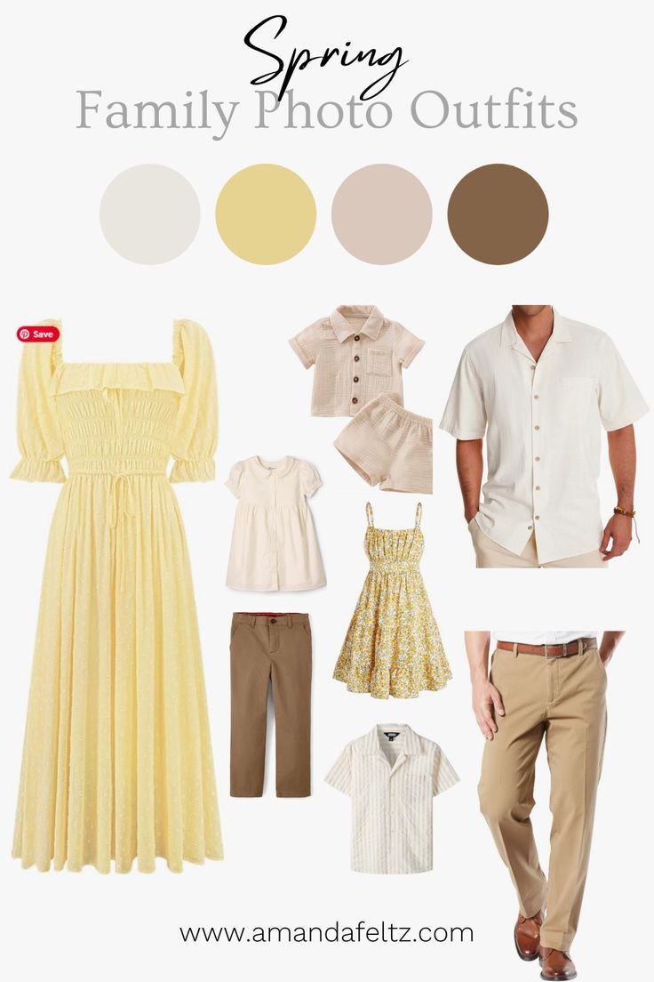 Spring family photo outfit inspiration with yellow dresses and khaki neutrals in a coordinated color palette.