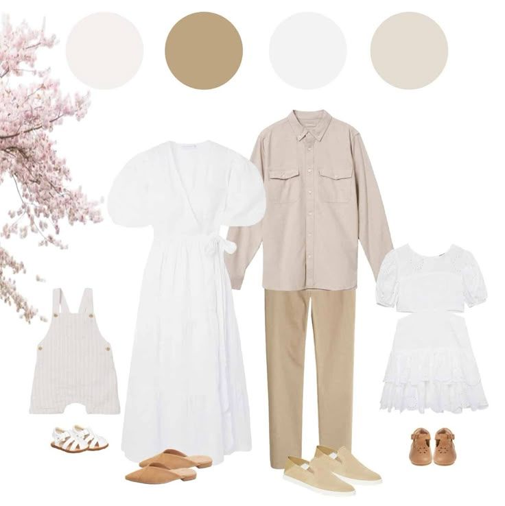 Neutral beige and white coordinated spring family outfit inspiration with dresses, overalls, and casual separates.