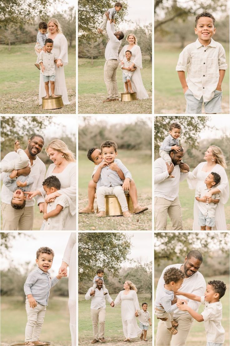 Joyful outdoor family photo collage in neutral tones showing candid moments of playful interaction in a sunny field.