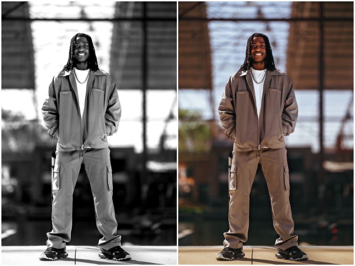 A person wearing casual streetwear poses in a series of fashion photos showing different angles of an urban outfit.