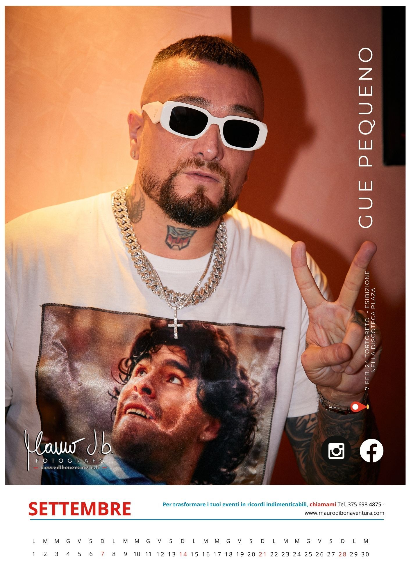 Person in white t-shirt wearing sunglasses and chain necklace for September calendar.