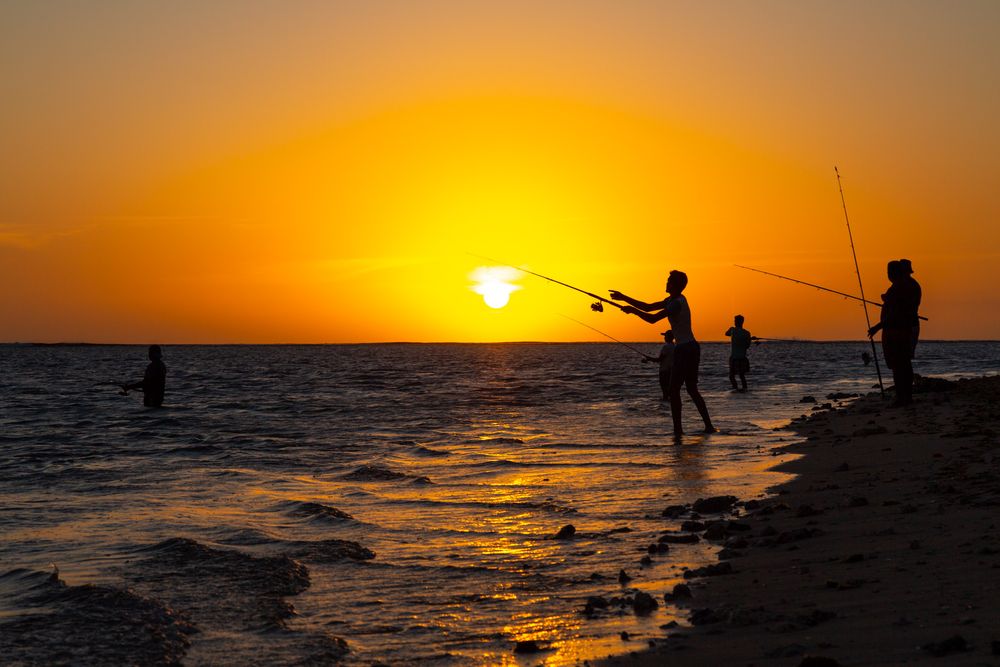 Silhouetted figures fishing on a beach at sunset with golden sun reflecting on calm ocean waters.
