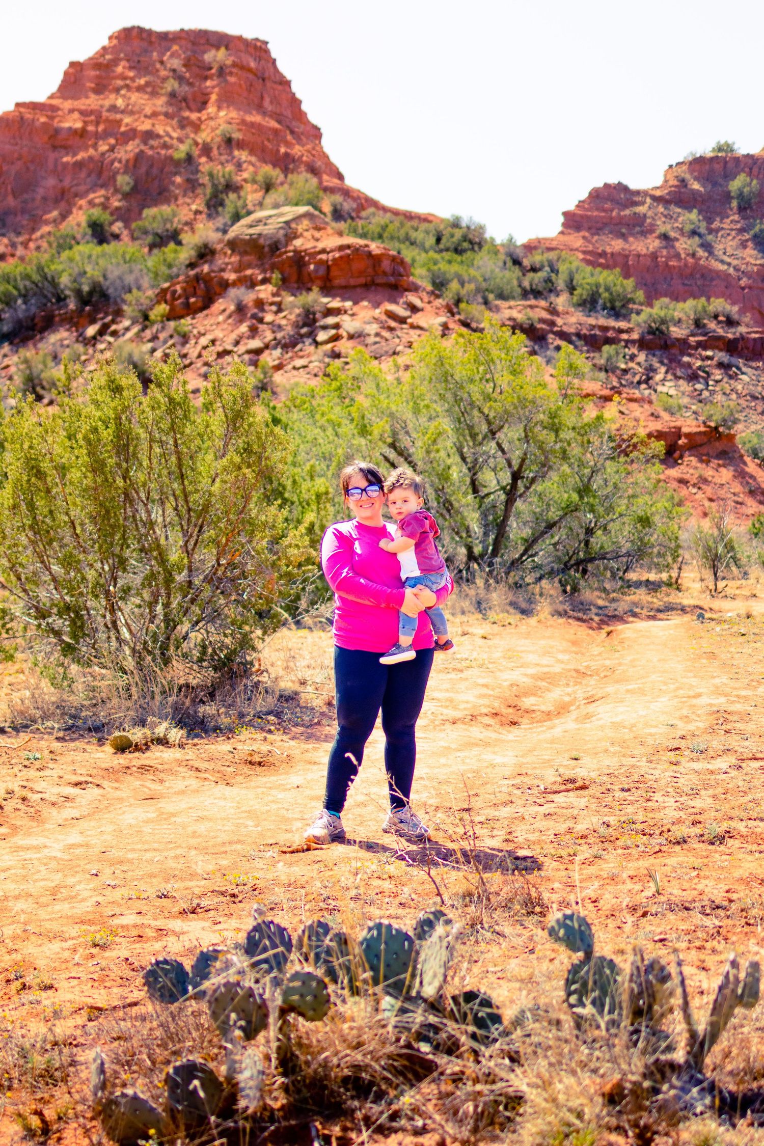 Two hikers on a desert trail surrounded by red rock formations and cacti in a scenic southwestern landscape.