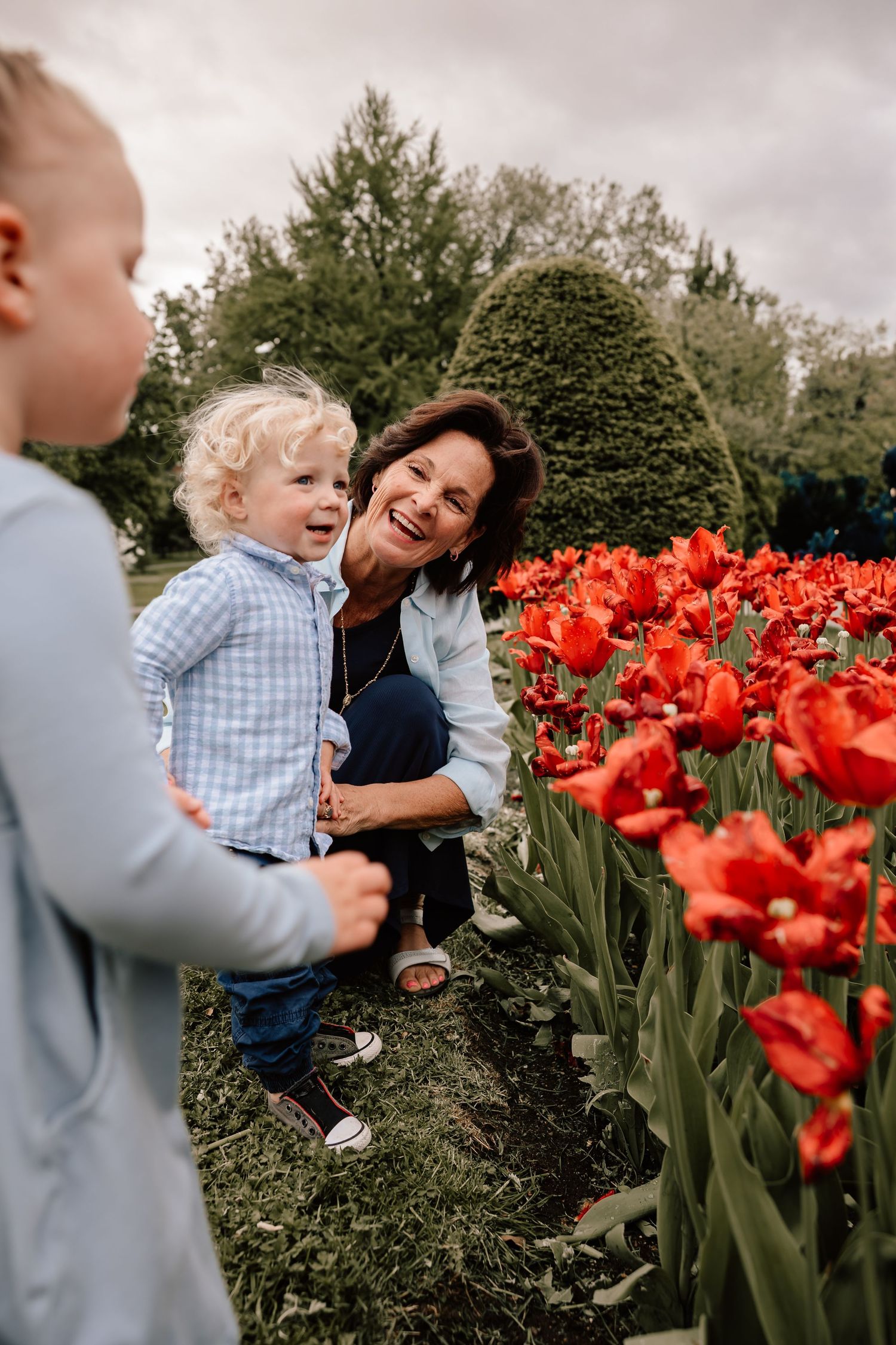 People standing in a garden looking at bright red tulips blooming under a cloudy sky.