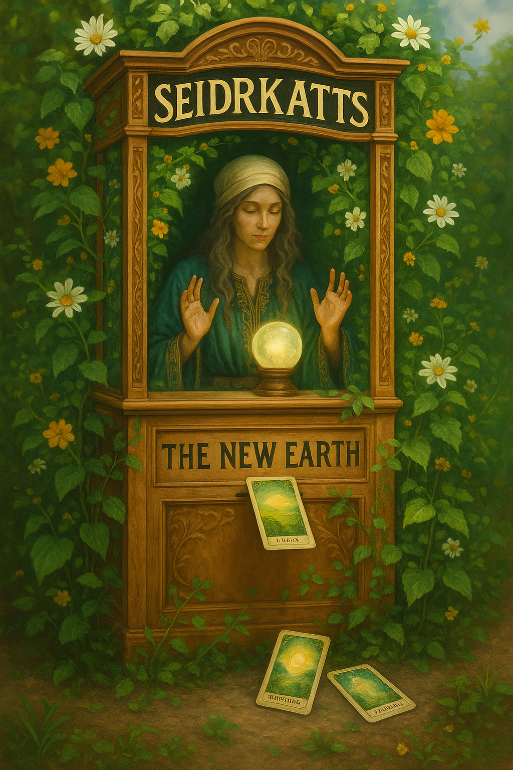 A series of ornate golden frames in a mystical garden setting show tarot cards and glowing orbs among lush green vines.