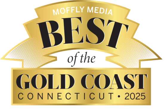 A collection of gold-colored award banners with text reading "Best of the Gold Coast" and "Connecticut 2025".