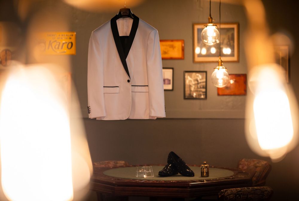 Wedding reception table with black and white linens at Venue 1902