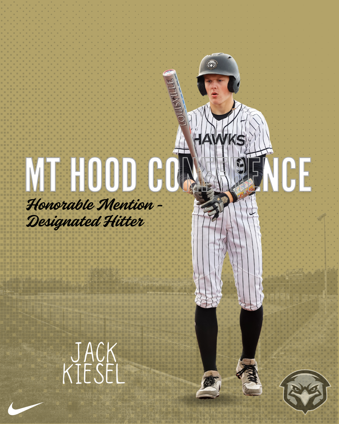 A baseball player in a striped Hawks uniform stands at bat with Mt Hood Conference text overlay against a tan background.