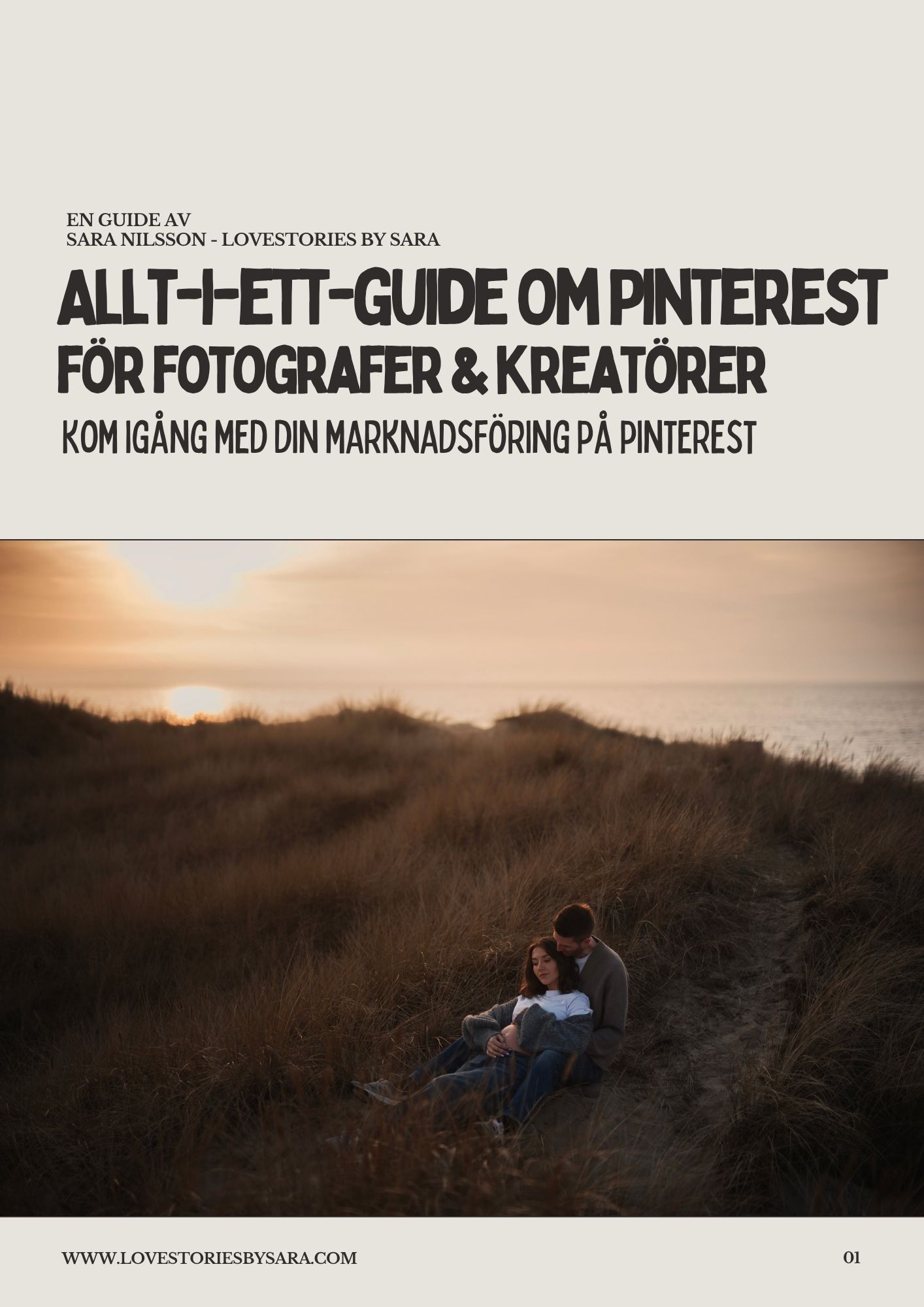 A vintage-toned guide cover about Pinterest marketing shows a couple sitting on a hillside at sunset overlooking a misty landscape.