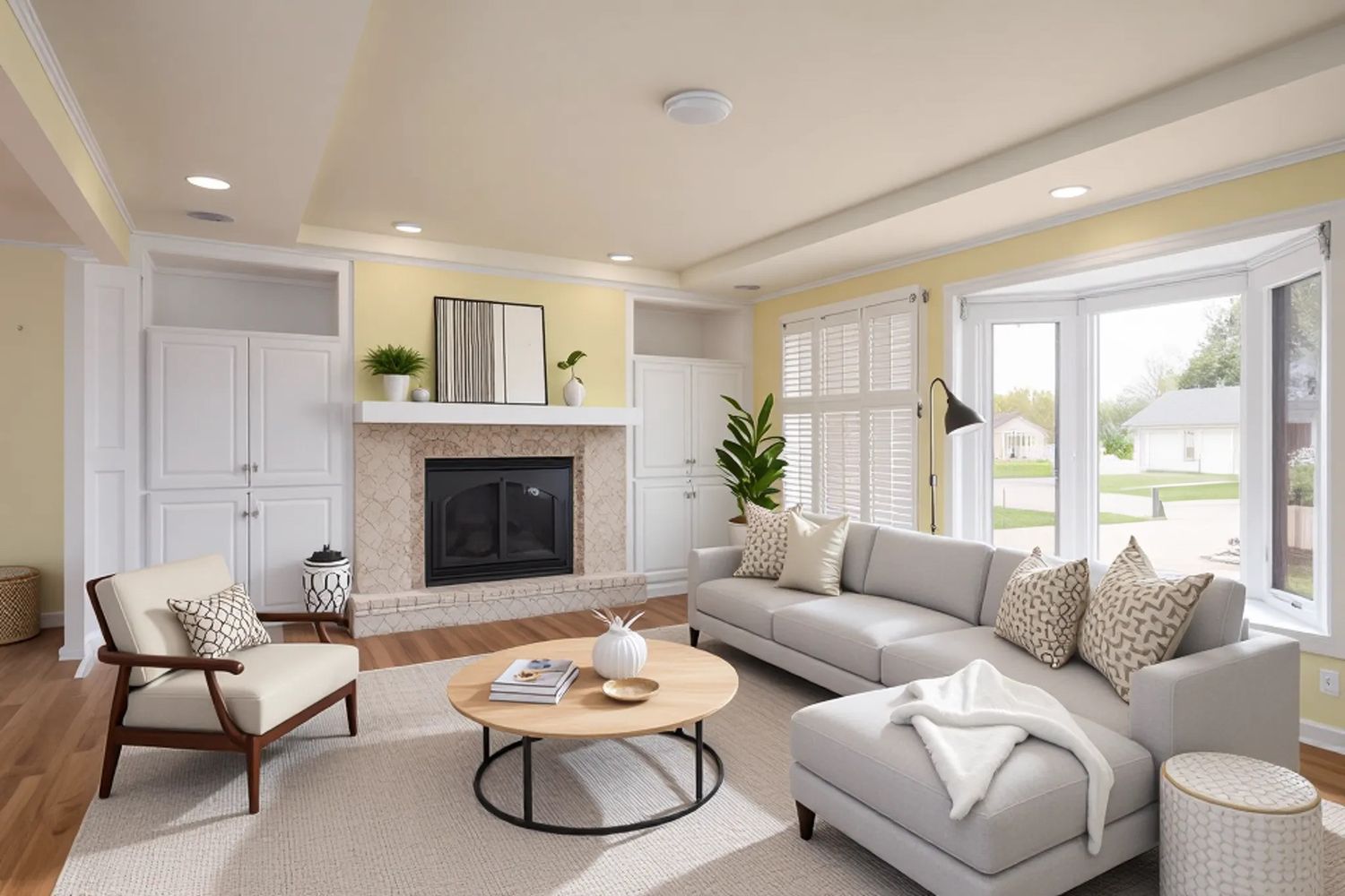 Virtually staged living room with a sectional sofa, accent chair, fireplace, modern decor, and large windows with natural light.