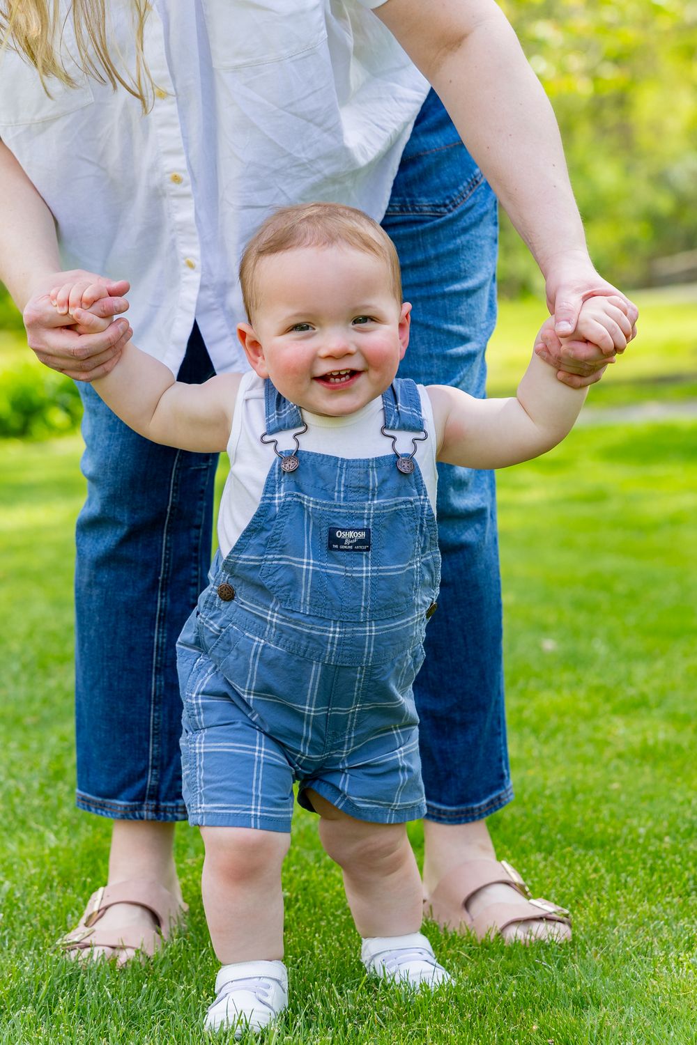 Happy toddler in denim overalls learning to walk in spring garden during a Motherhood photo session in Sudbury, MA in Metrowest of Boston