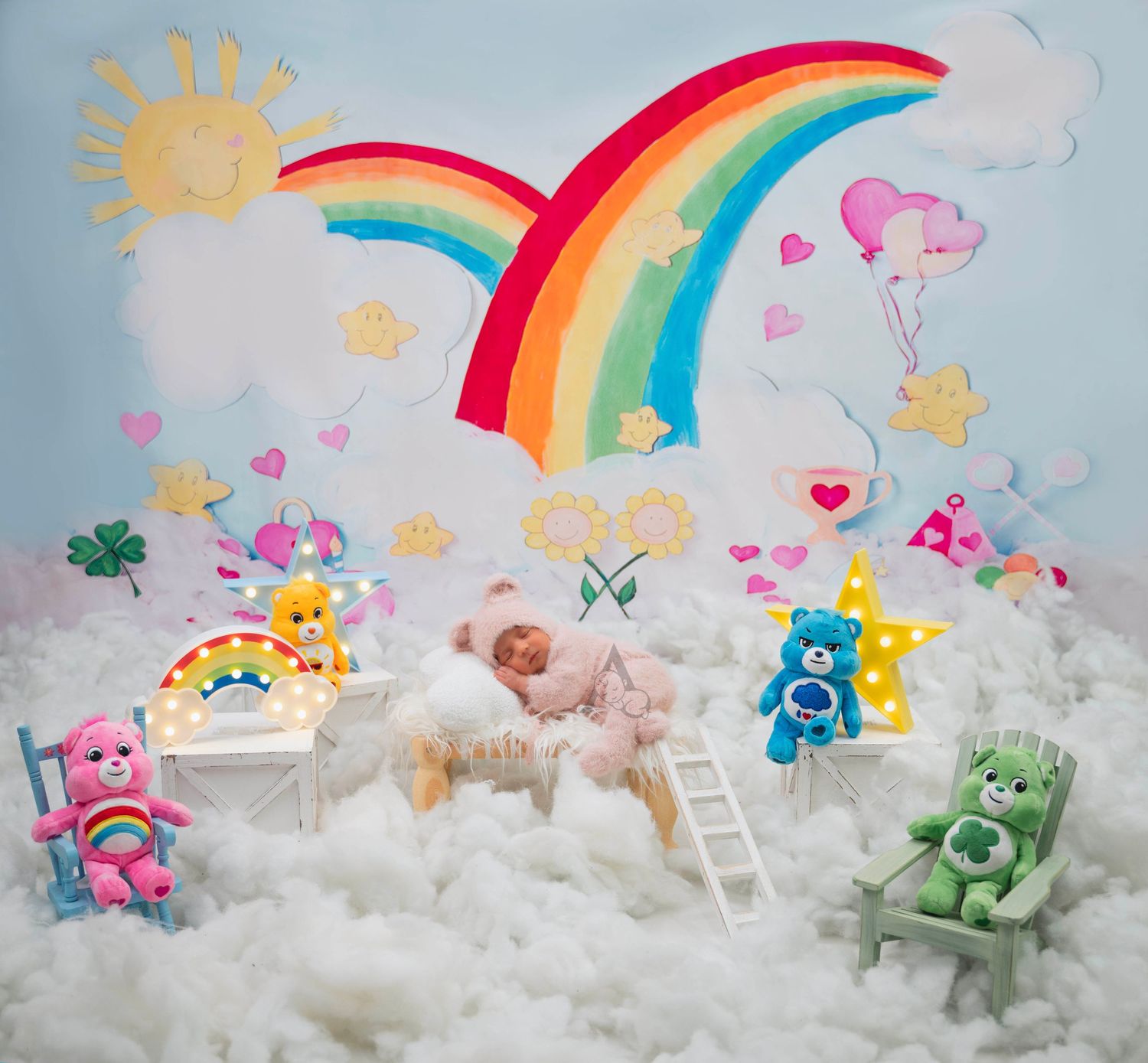 Whimsical scene with Care Bears, rainbow, hearts, and clouds in a dreamy pastel setting.