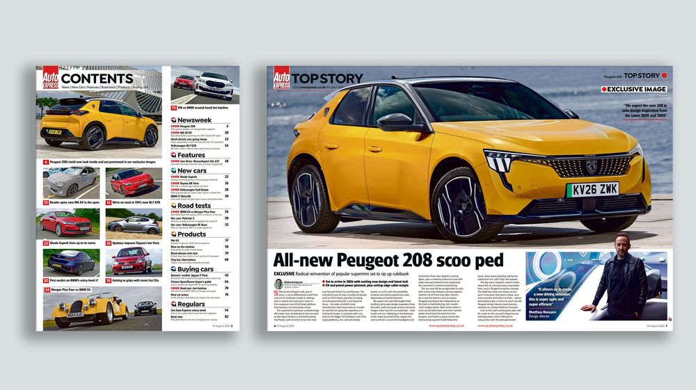 Automotive magazine layout showing yellow Peugeot 208 exterior and contents page with car photo thumbnails.