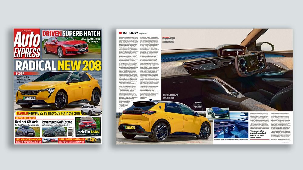 Auto Express magazine cover featuring yellow Peugeot 208 and interior spreads of automotive reviews.